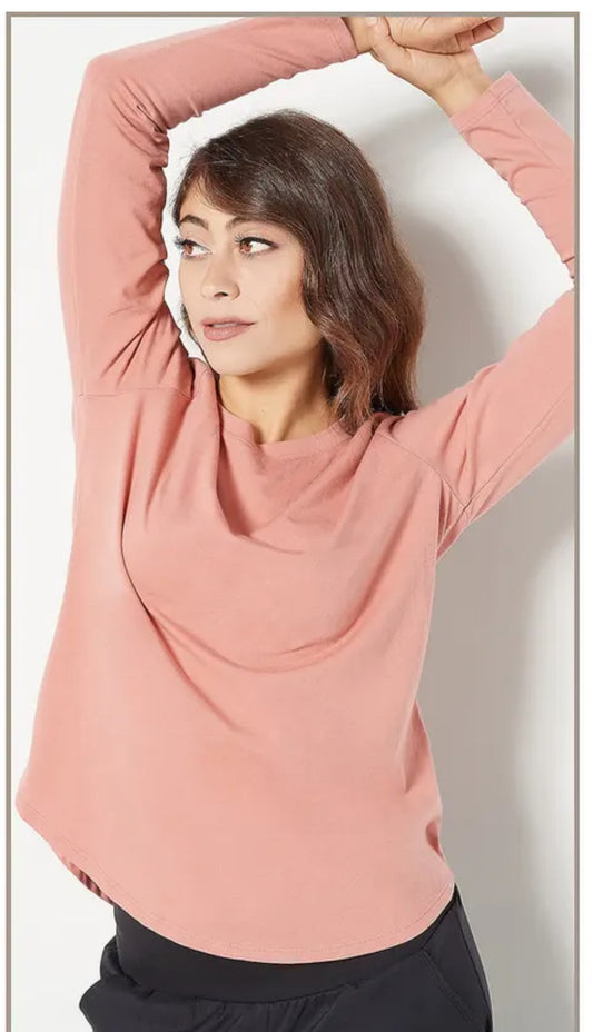 zuda Pullover Curved Hem Top Brown Rose Womens
