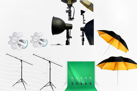 8” Studio continuous light kit Ready for Umbrella / 2-way Use Boom Stand:  Convertible between Regular  Tripod and Boom Stand / 33 inch Gold Color Umbrella / 6 x 9 feet Green Screen with Ring Clip for Crossbar Hanging / Lighting Bulb