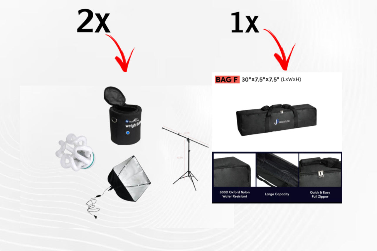 2X From (((16 x 16 inch Softbox with Socket and Cable / Sand Bag / 2-way Use Boom Stand: Convertible between Regular Tripod and Boom Stand / Lighting Bulb))) —- And  Photography Equipment Carry Bag