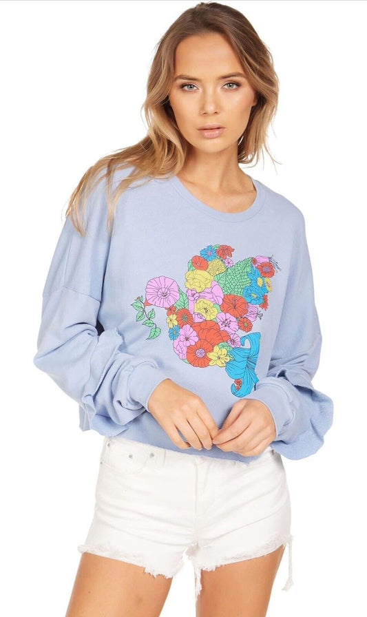 Lauren Moshi L52802 Womens Blue Chevelle Floral Dove Crop Pullover Size M