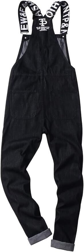 Sokotoo Men's Slogan Letters Printed Black Denim Bib Overalls Size 38