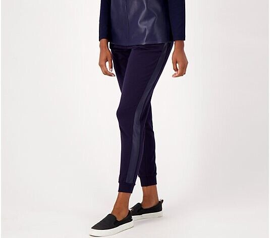 Belle by Kim Gravel Faux Leather Trimmed Jogger Pants (Blue Elixir, XS). A550617