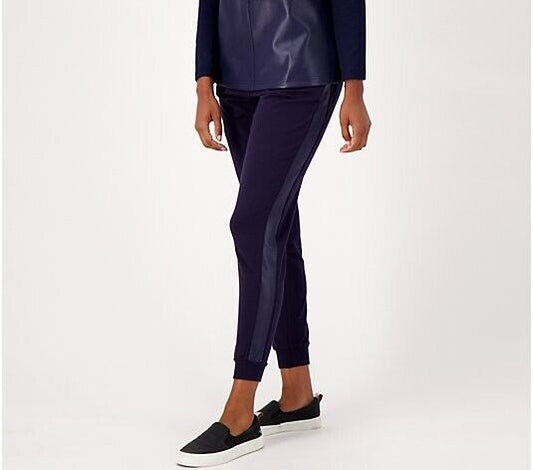 Belle by Kim Gravel Faux Leather Trimmed Jogger Pants (Blue Elixir, XS). A550617