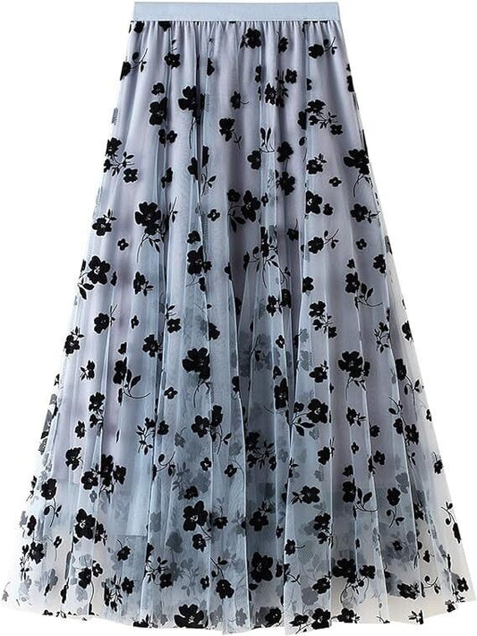 Nyaon Womens Tutu Tulle Skirts Elastic High Waist Floral, (Blue,one size)