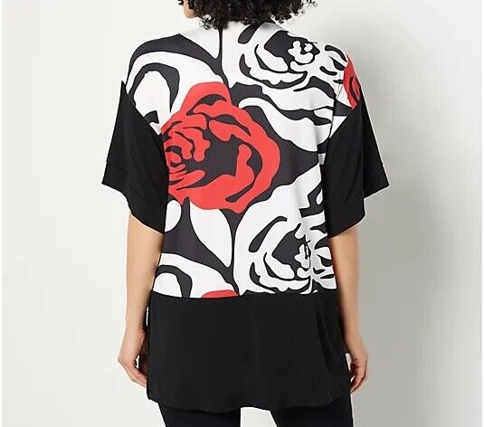 Truth + Style Printed& Solid Jersey Open Front Jacket Red Combo M NEW A491565