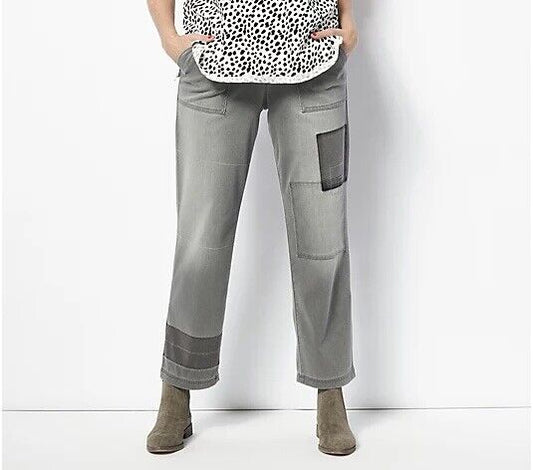 LOGO Lori Goldstein Knit Denim Shadow Patch Jeans Grey Wash Size 8 NEW A469872