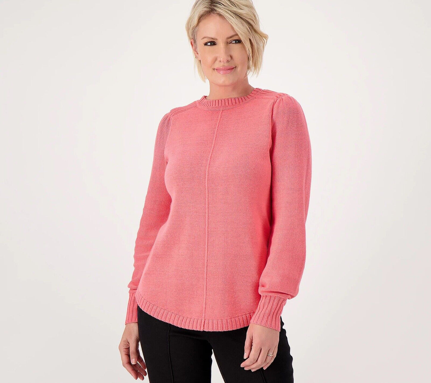 Isaac Mizrahi Live! Women's Top Sz XXS Puff Sleeve Crew Neck Sweater Rose