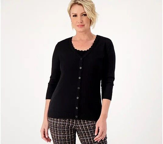 Isaac Mizrahi Live 3/4 Sleeve Sweater Cardigan Scallop Trim (Black, S) A570161