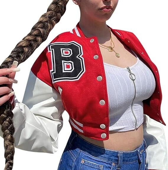 Women Varsity Jackets-vintange Baseball Coat 90's (Red B,Medium)