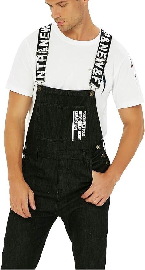 Sokotoo Men's Slogan Letters Printed Black Denim Bib Overalls Size 38