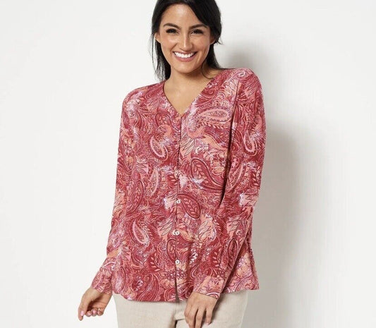 Denim & Co. Women's Top Sz S Paisley Print V-Neck Button Front Red A520332