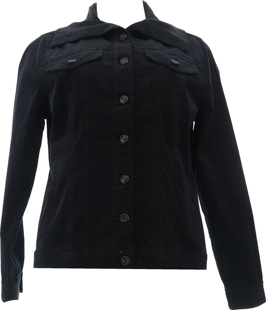 DG2 Diane Gilman Stretch Corduroy Button-Front Jacket (Black, M) 779669