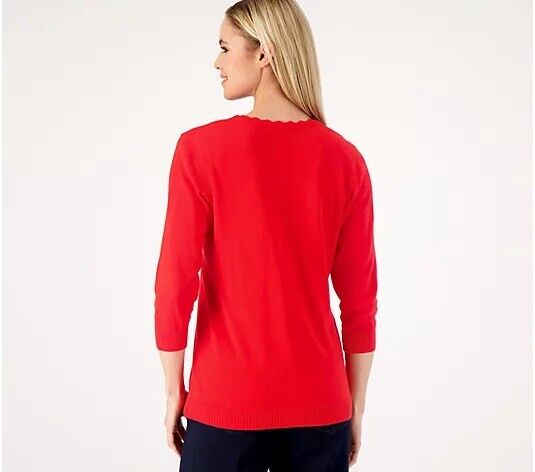 Isaac Mizrahi Live 3/4 Sleeve Sweater Cardigan w/ Scallop Trim (Red,S) A570161