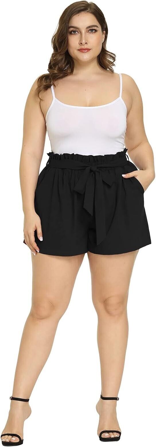 Hanna Nikole Women Summer Shorts Bowknot Tie Waist Casual w pockets (Black- 16W)