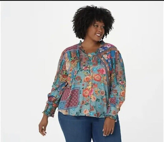 Tolani Collection Button-Front Top w/Ruffle Detail-Floral Patchwork-XXS-A389947