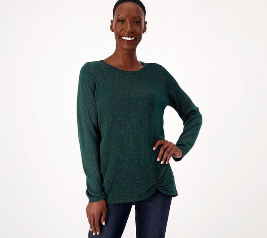 Belle by Kim Gravel Lurex Side Twist Hem Sweater (Evergreen, Size XS) A555504