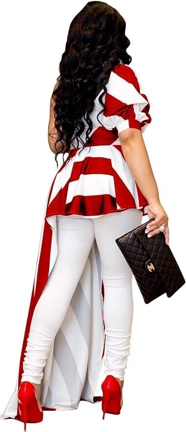 Striped One Shoulder High Low Irregular Blouse Top Ruffle Peplum Top Shirt RED,L