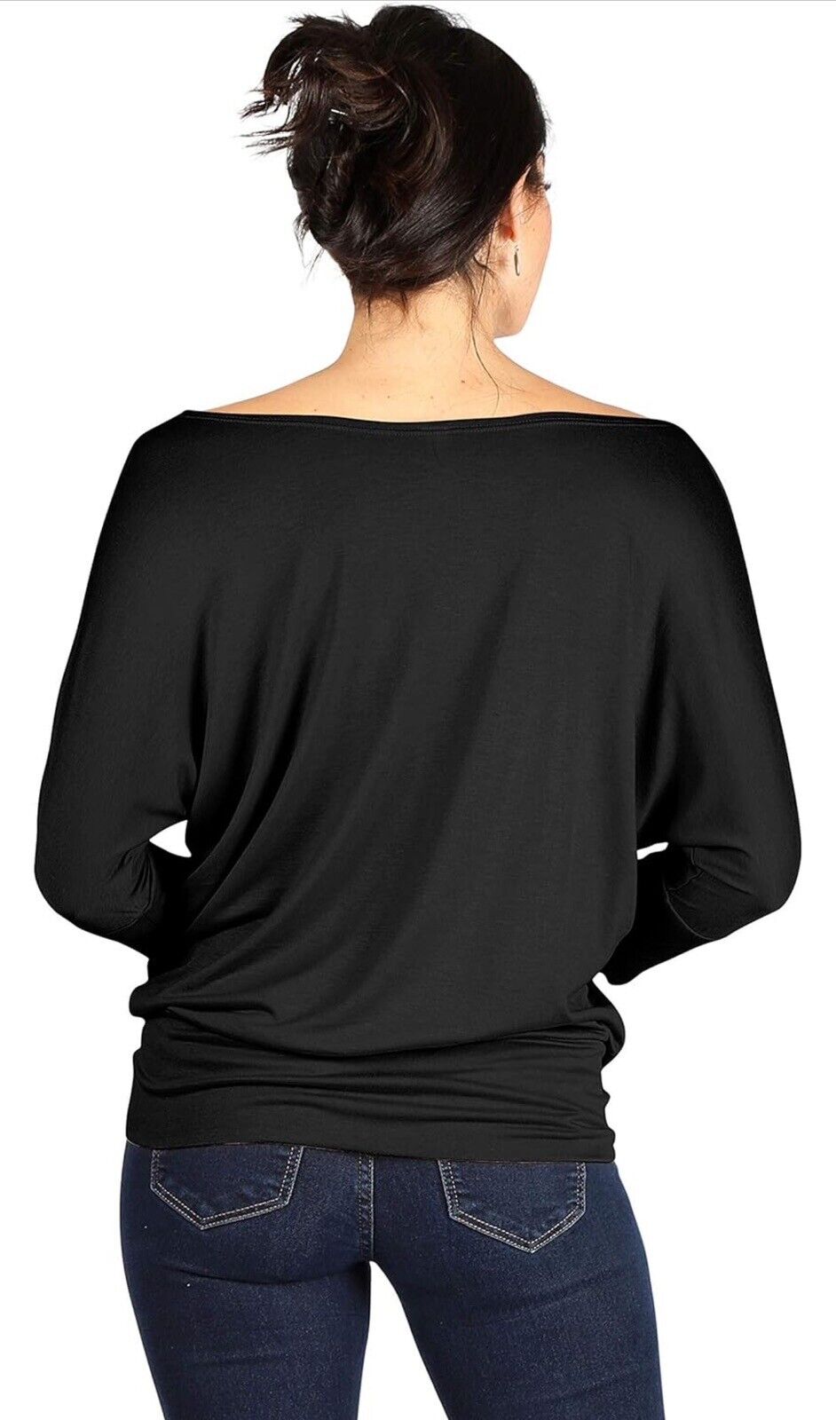 Simlu Dolman 3/4 Sleeve Drape Round Neck Top With Banded Waist Black Medium