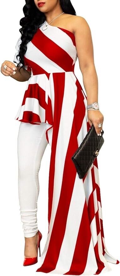 Striped One Shoulder High Low Irregular Blouse Top Ruffle Peplum Top Shirt RED,L