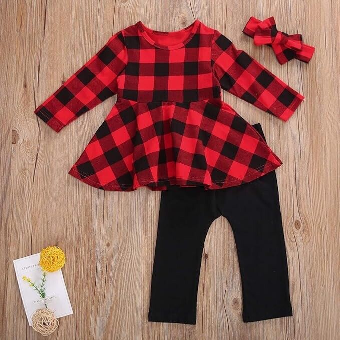 Christmas Outfits Baby Girl Set Red Plaid Long Sleeve Tunic 2 Piece, 18-24 Month