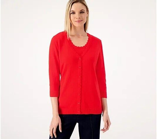 Isaac Mizrahi Live 3/4 Sleeve Sweater Cardigan w/ Scallop Trim (Red,S) A570161