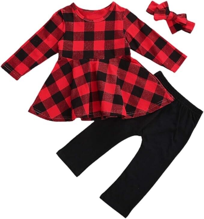 Christmas Outfits Baby Girl Set Red Plaid Long Sleeve Tunic 2 Piece, 18-24 Month