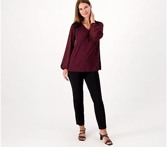 Belle by Kim Gravel Lace Trim Mini Animal Print Blouse (Bordeaux) A520322