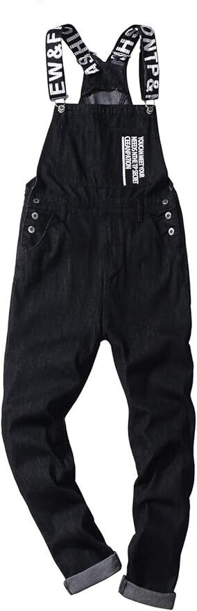 Sokotoo Men's Slogan Letters Printed Black Denim Bib Overalls Size 38
