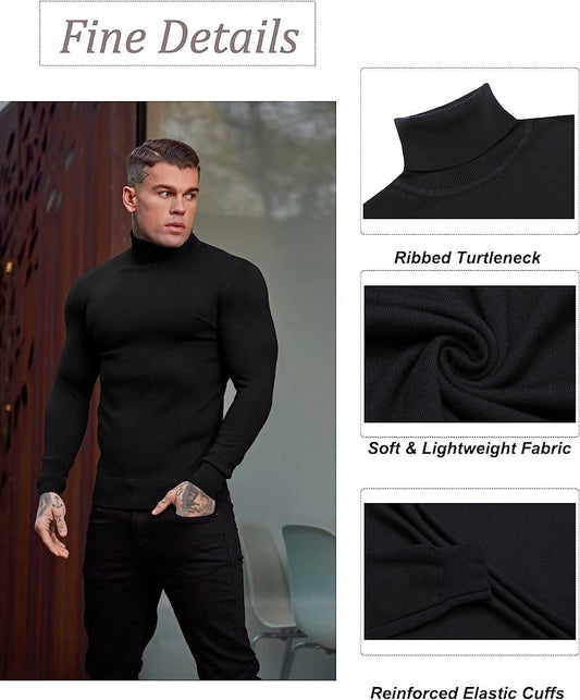 KINGBEGA Men's Stretch Solid Pullover Slim Fit Thermal High-Neck ( Black-XXL )