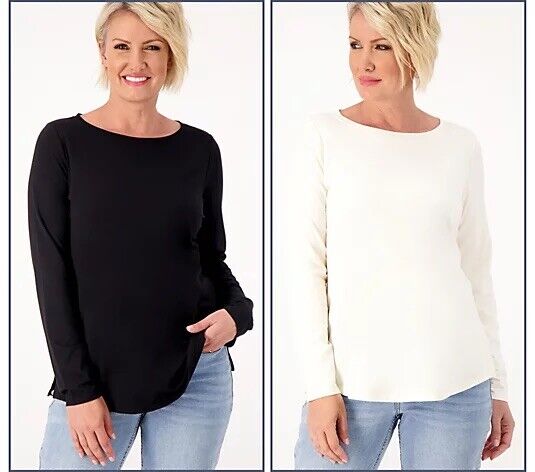 Belle by Kim Gravel TripleLuxe Pima Set of 2 Tops (Black/Ivory, XXS) A460373