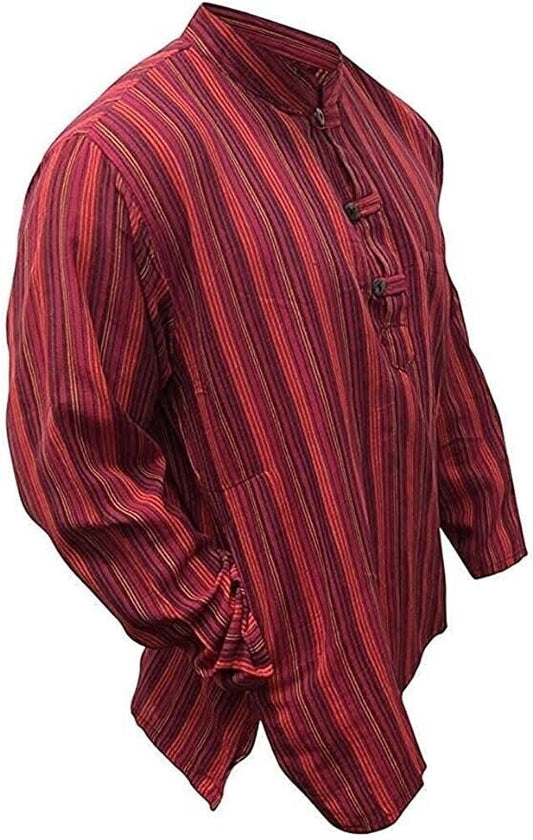 Shopoholic Fashion Mens Striped Grandad Shirt (XL,Maroon)