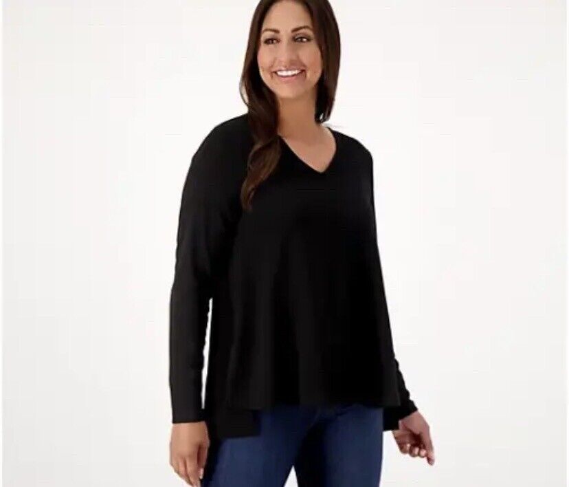 Attitudes by Renee Long Sleeve V-neck Tunic Textured Knit (Black, XS) A566556