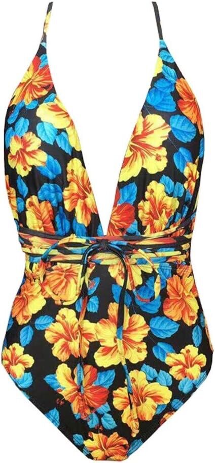 Lohastour Women V Neck One Piece Swimsuit Floral Print Backless (Yellow,S)