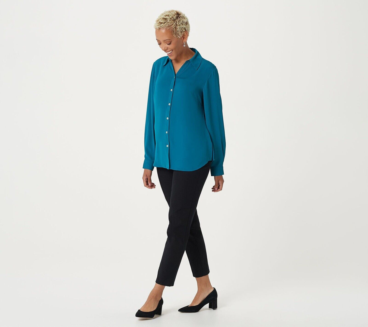 Susan Graver Woven Y-Neck Button- Front Shirt Blue-M  A382926