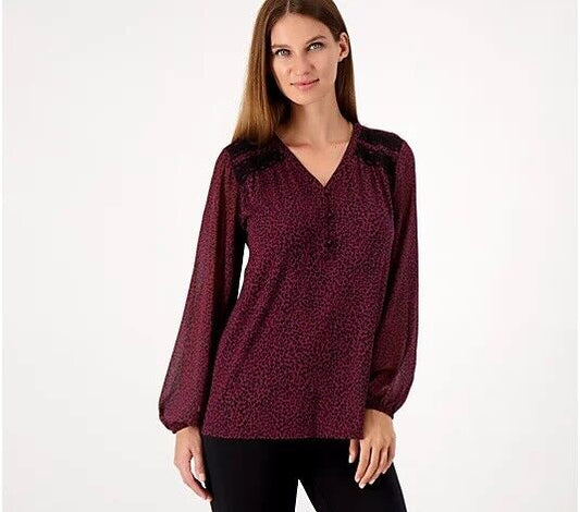 Belle by Kim Gravel Lace Trim Mini Animal Print Blouse (Bordeaux) A520322