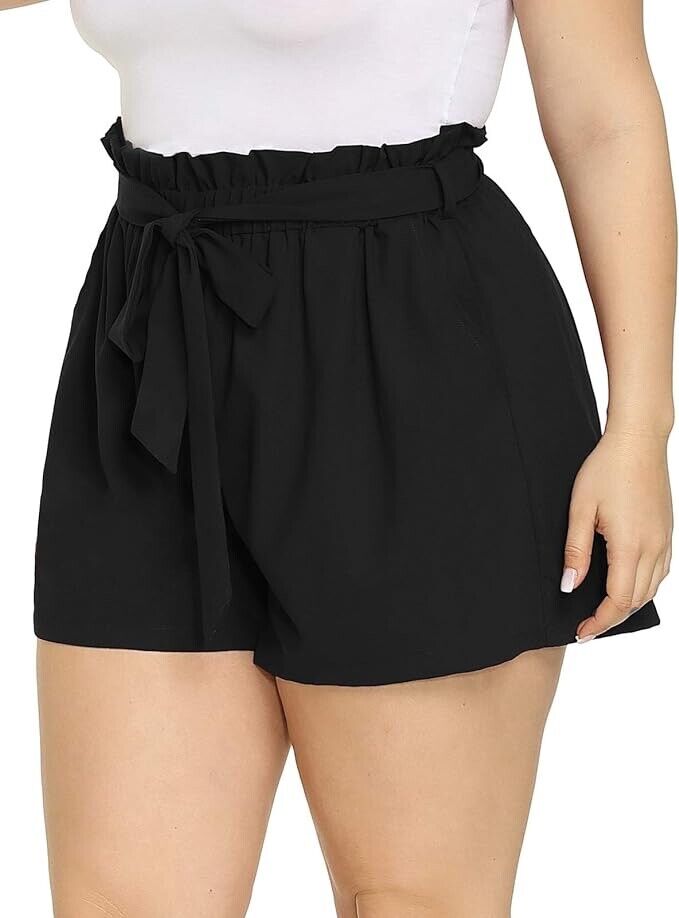 Hanna Nikole Women Summer Shorts Bowknot Tie Waist Casual w pockets (Black- 16W)