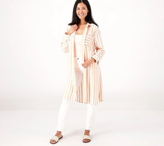 Joan Rivers Linen Stripe Duster Shirt (Sunbaked Stripe, X-Small) A513634
