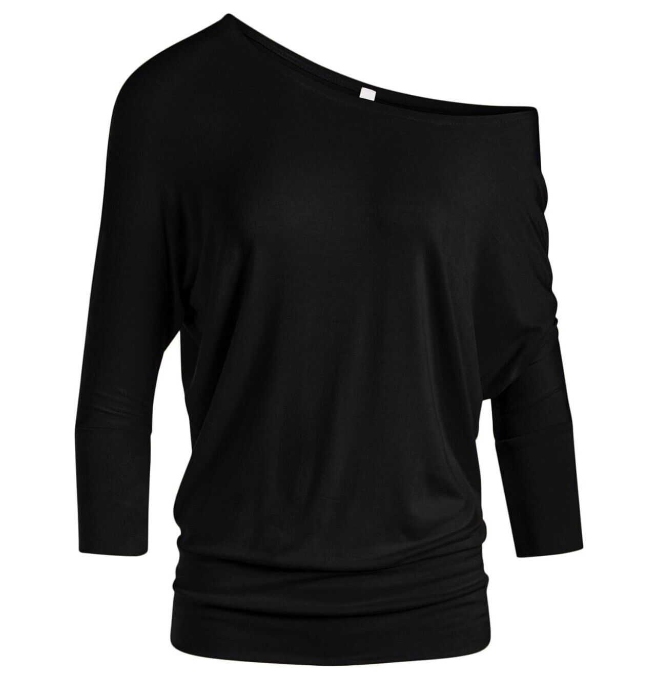 Simlu Dolman 3/4 Sleeve Drape Round Neck Top With Banded Waist Black Medium