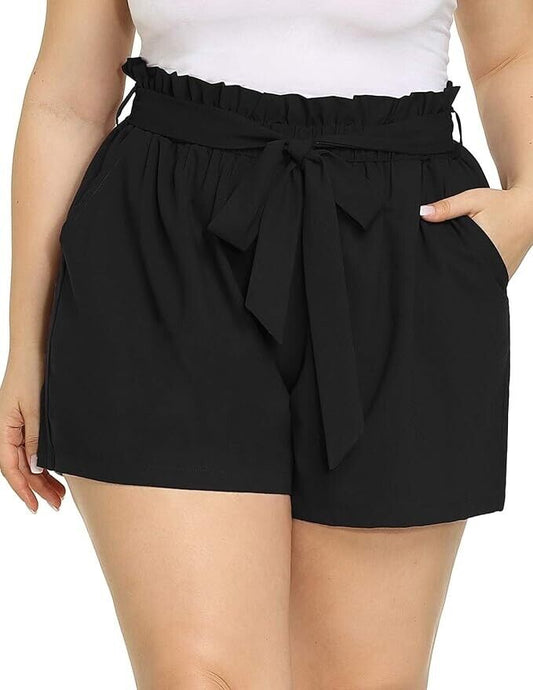 Hanna Nikole Women Summer Shorts Bowknot Tie Waist Casual w pockets (Black- 16W)
