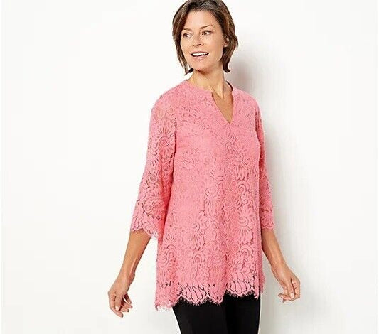 Isaac Mizrahi Live Lace Split-Neck Swing Tunic w/ 3/4-Slvs (Coral, S) A470079