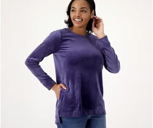 Denim & Co. Printed Velour Pullover w/ Hi-Low Hem (Navy, XXS) A546418.