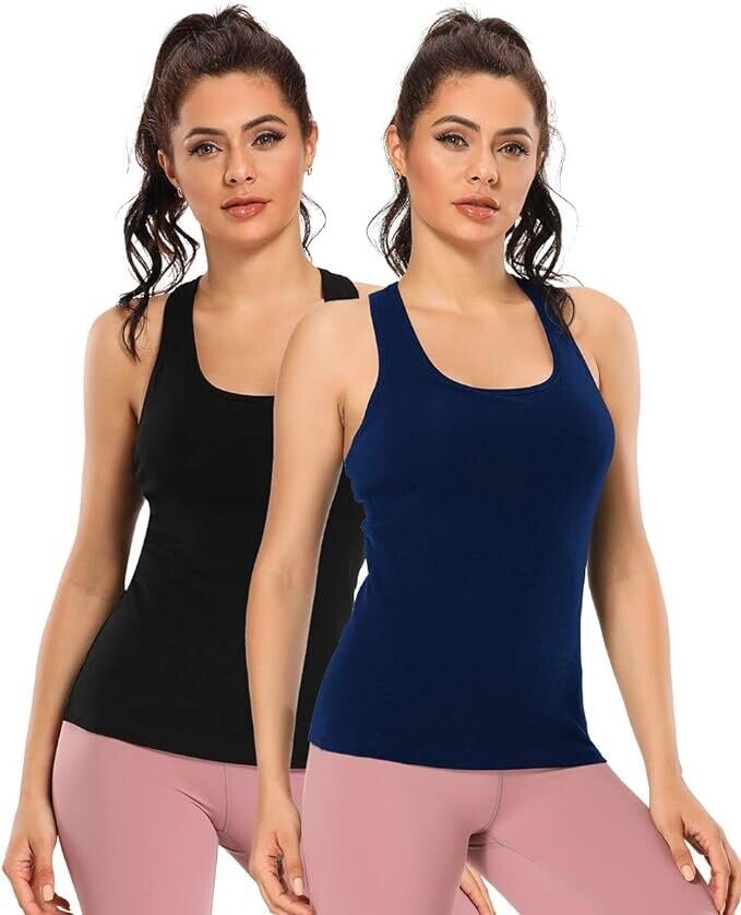 RITERA Women's Racerback Tank Top with Built-in Shelf Bra ( 2Pc:Black&Navy -M )
