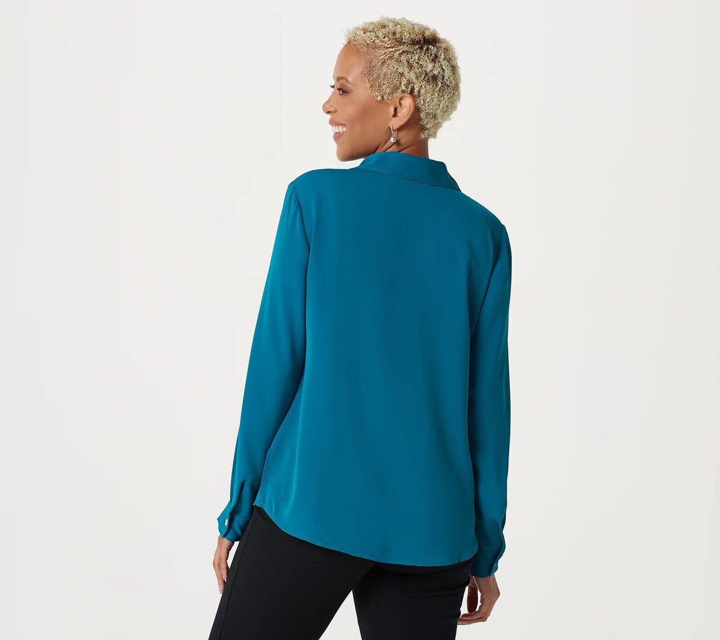 Susan Graver Woven Y-Neck Button- Front Shirt Blue-M  A382926