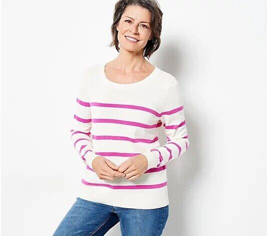 Candace Cameron Bure Striped Pullover Sweater Natural/Fuchsi Size 4X NEW A488183