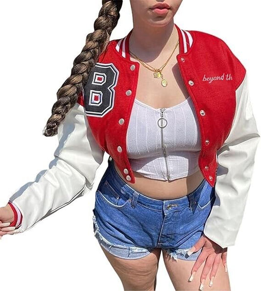 Women Varsity Jackets-vintange Baseball Coat 90's (Red B,Medium)