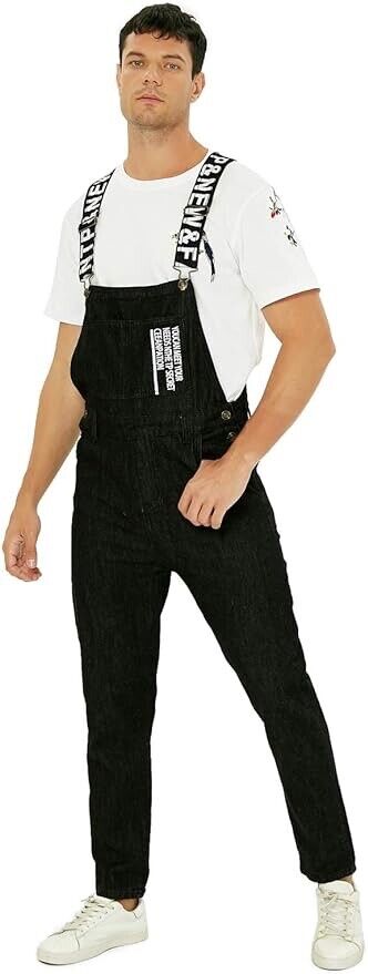 Sokotoo Men's Slogan Letters Printed Black Denim Bib Overalls Size 38