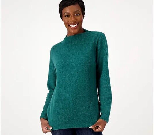 Denim & Co. Women's Plus Sz XXS Comfort Zone Baby Sherpa Funnel Neck Green