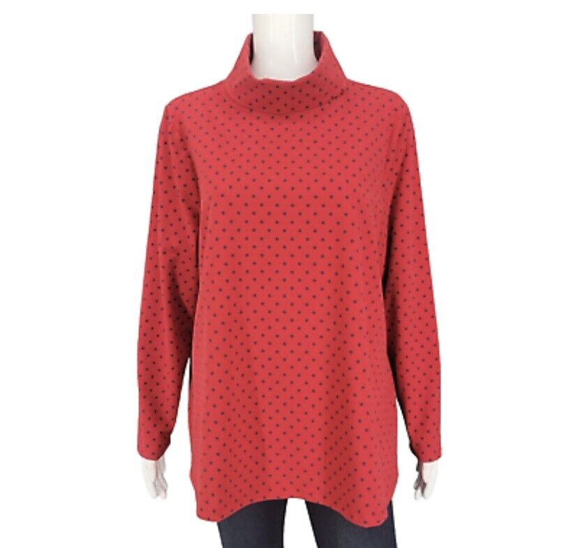 Denim& Co Printed Perfect Jersey Turtleneck Top Red Dot S NEW A460365
