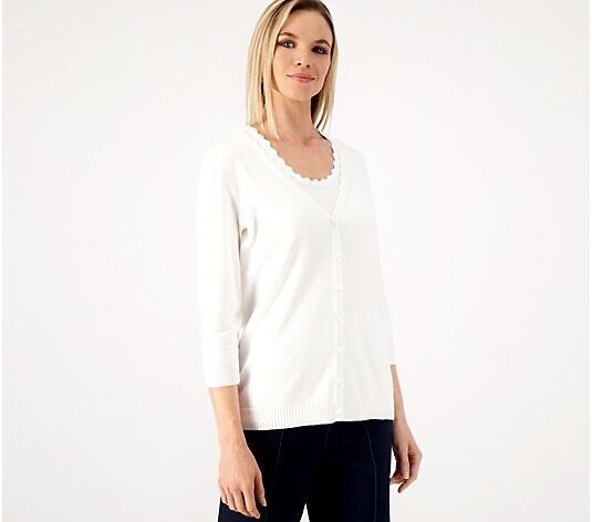 Isaac Mizrahi Live 3/4 Sleeve Sweater Cardigan/ Scallop Trim (White, S) A570161