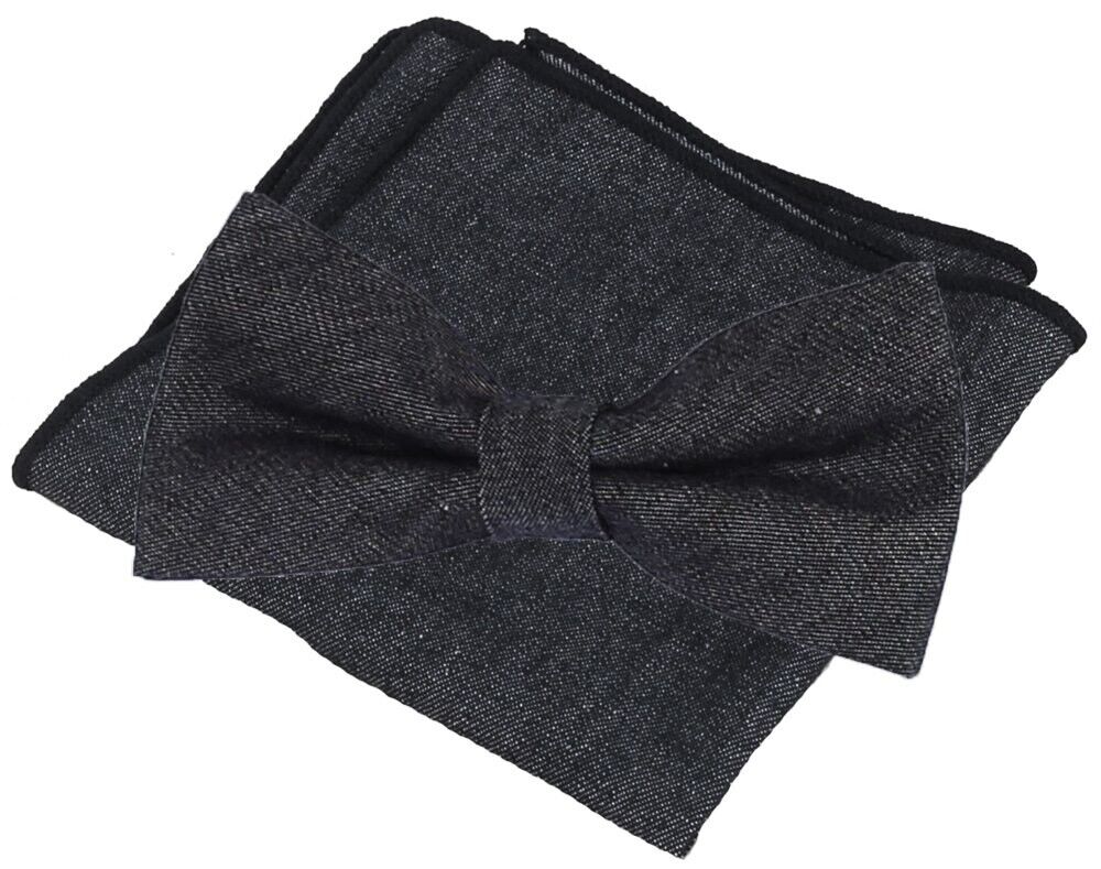 Flairs New York Collection Bow Tie & Pocket Square Matching Set ( Black Wash )